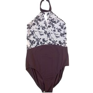 Nikolay Floral Mesh Halter Bodysuit‎ Brown L  Leotard Dance Gymnastics Flawed